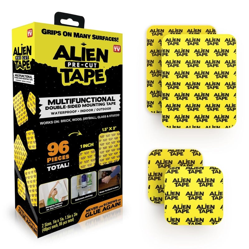 ALIEN TAPE Pre Cut 96 Piece Set Double Sided Tape Multipurpose Removable Adhesive Transparent Grip Mounting Strips Washable Strong Sticky Heavy Duty for Carpet and Crafts - Image 1